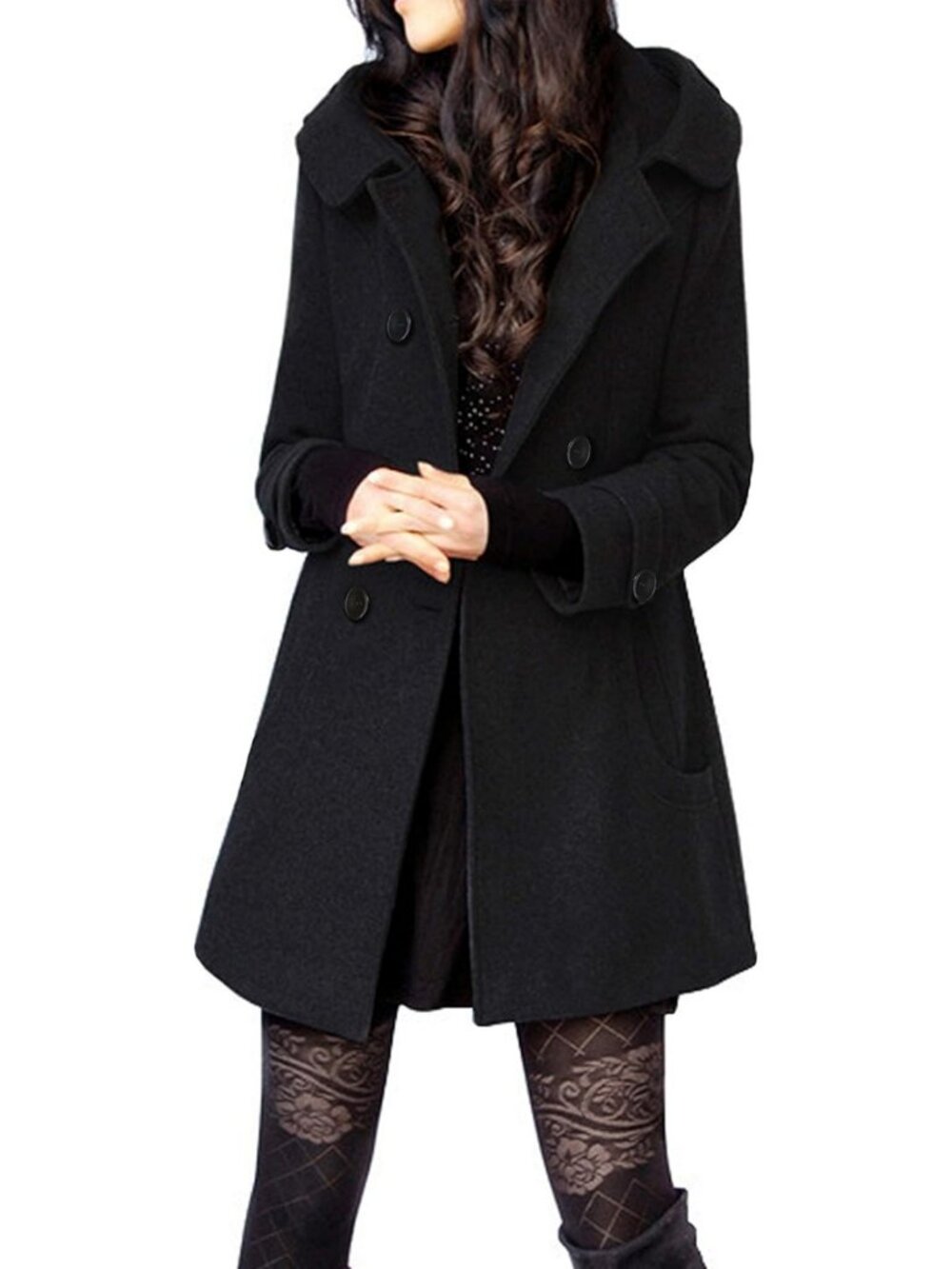 Cozy Tan Hooded Wool Blend Mid-Length Peacoat for Women - Stylish & Warm